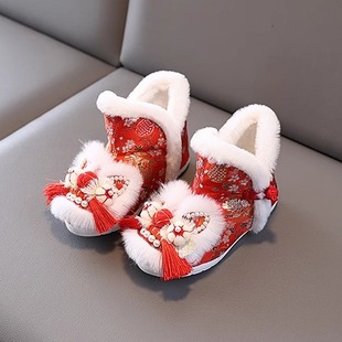冬季虎头雪地靴女童加绒防滑绣花棉鞋非遗手工国风汉服鞋拜年靴