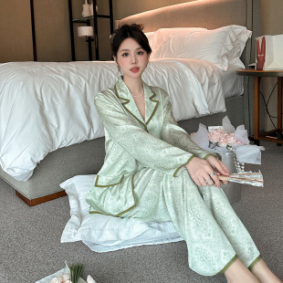 薄款 优选新款 夏天长袖 春秋季 外穿家居 冰丝睡衣女复古绿色显白套装