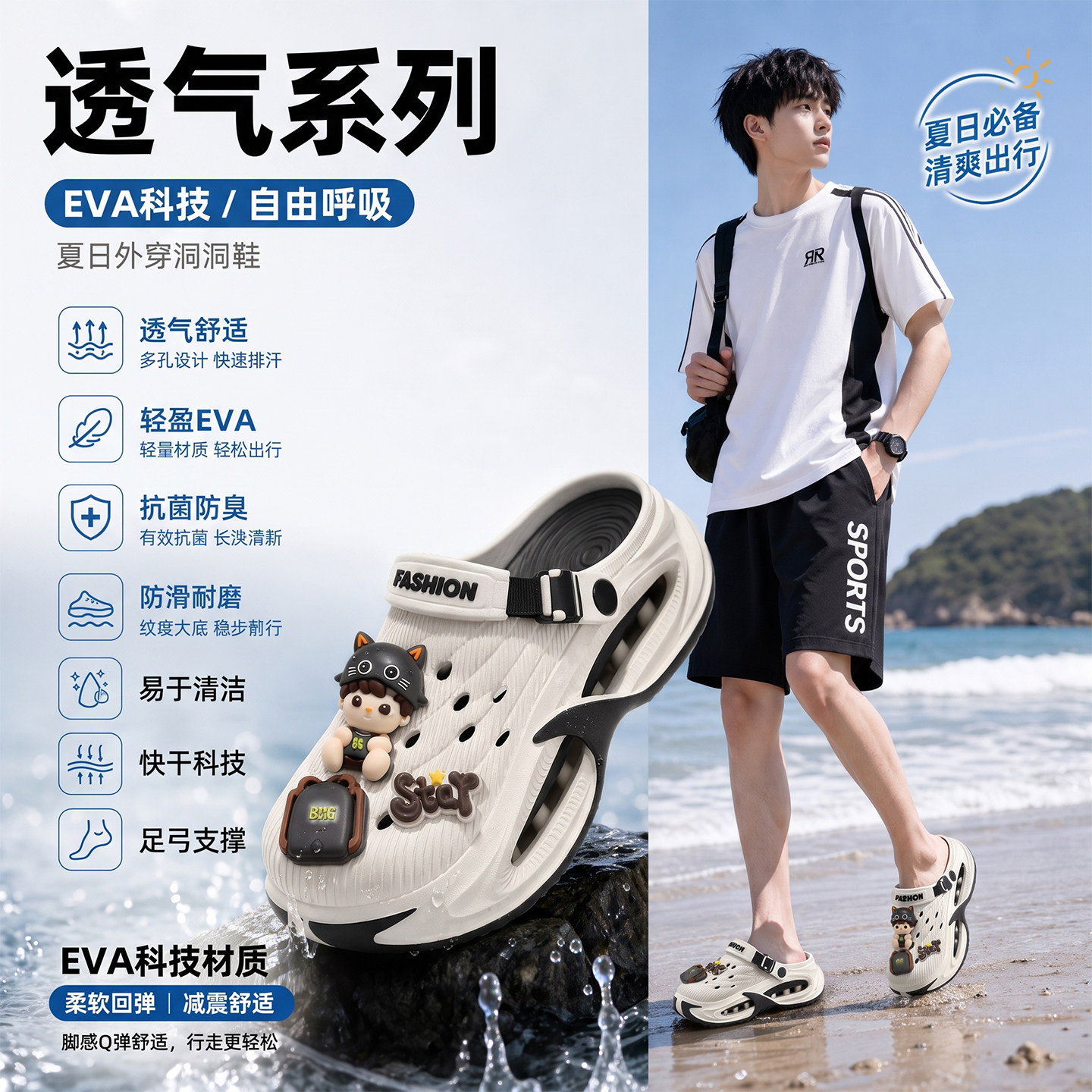 ECAC洞洞鞋男款2026新款夏季通勤外穿厚底有足弓防滑防臭透气凉鞋