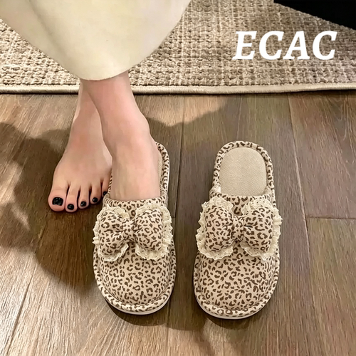 ECAC豹纹蝴蝶结棉拖鞋女士秋冬Z
