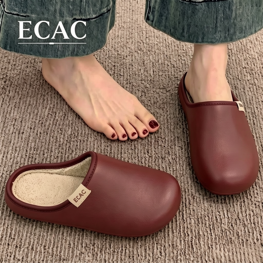 ECAC防水棉拖鞋女秋冬2026新款居家保暖加绒轻奢皮纹外穿防滑棉拖