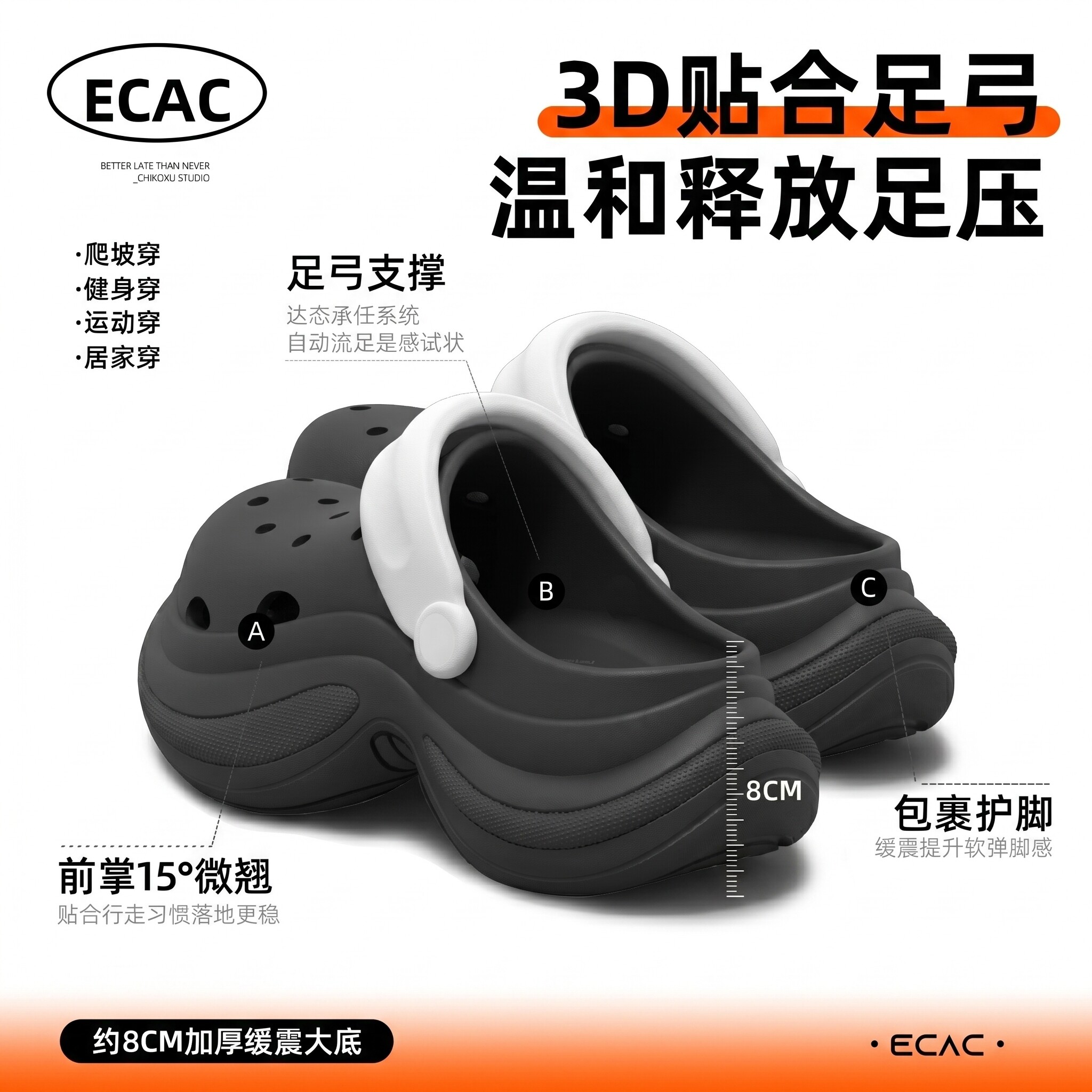 ECAC黑色洞洞鞋女款外穿超火厚底增高跟绝美不累脚凉鞋海边沙滩鞋