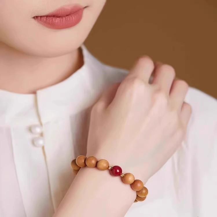 普陀山桃木手串女款念珠本命年佛珠朱砂盘玩男文玩手链木质护身符