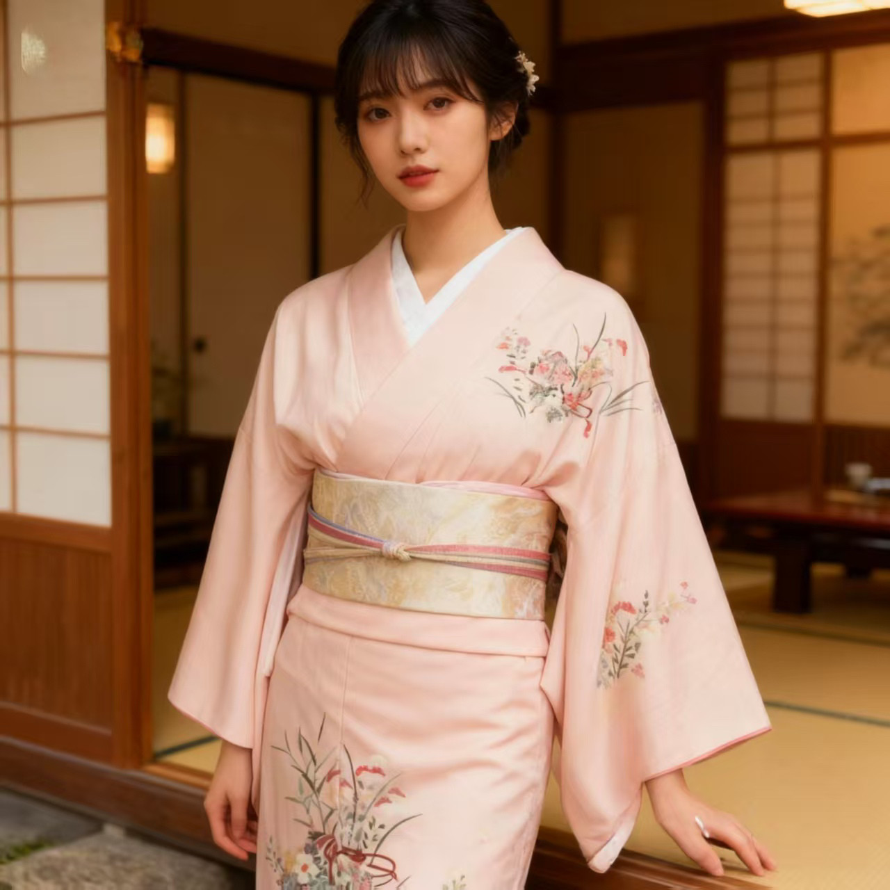 中古和服 粉色正娟和服面料月下和服千结衣山鸟限时和色赏味和服
