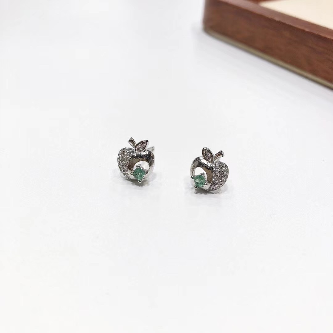 J306# S925通体银 天然祖母绿小苹果耳钉 9.8*10*3.5mm