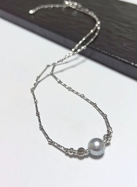 D664#真多麻海水灰珍珠项链8mmS925满天星纯银链珠子吊坠默认微瑕