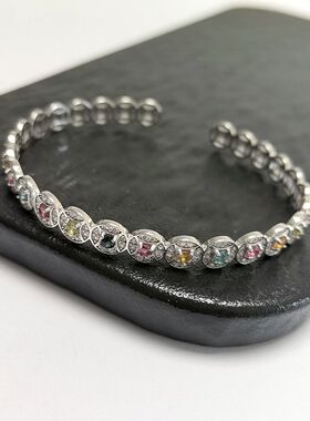 S379# S925通体纯银镀白金精工镶嵌碧玺手镯 高档宝石手排