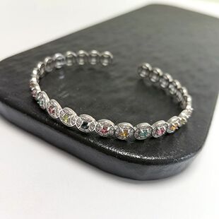 S379 高档宝石手排 S925通体纯银镀白金精工镶嵌碧玺手镯