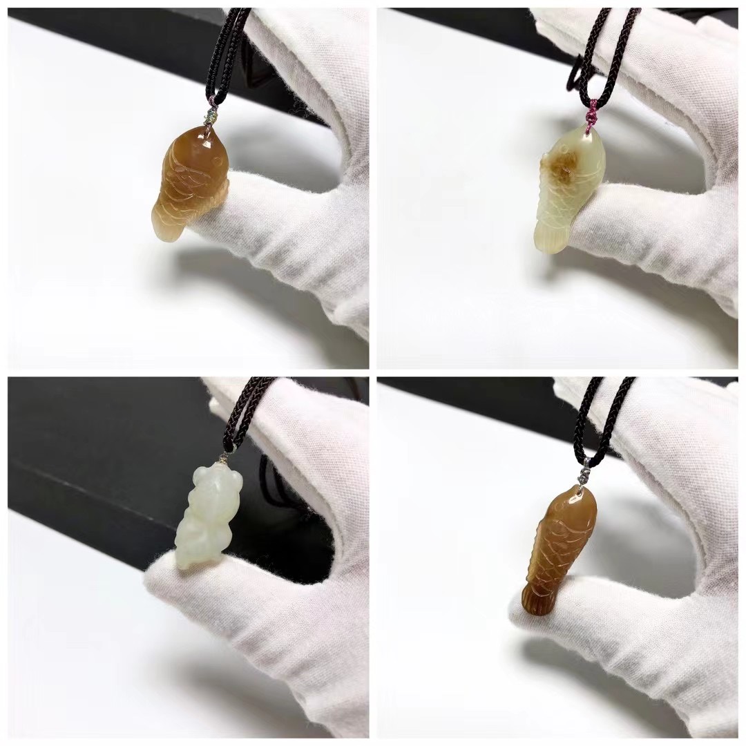 D983# 天然和田玉金鱼吊坠挂件 青白玉 焦糖糖料 多款可选