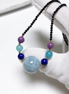 D116# 天然海蓝宝锁骨链15mm 配链黑尖晶2mm