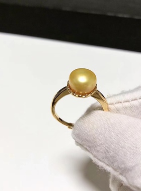 G176# 天然淡水珍珠金珠戒指10mm S925银镀金开口托