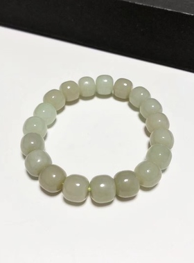 S1664#天然和田玉青白玉老型珠单圈手链10*9mm 重量31.02克配证书