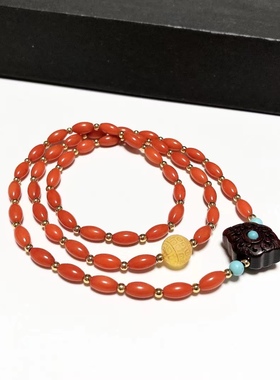 S342# 意大利红色米珠三圈手链 4*7.8mm 重14.82克 配小叶紫檀等