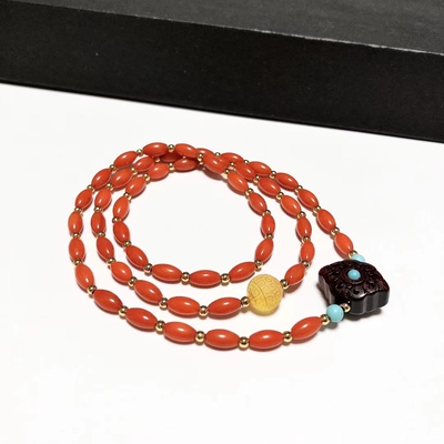 S342# 意大利红色米珠三圈手链 4*7.8mm 重14.82克 配小叶紫檀等