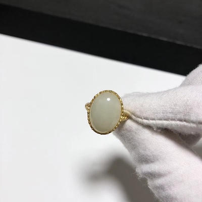 G148# 天然和田玉白玉戒指17*13.5mm S925银哑光镀金开口托