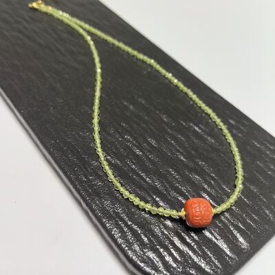 D1456# 天然川料南红回纹珠吊坠 锁骨链10*10.8mm 刻面橄榄石配链