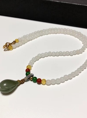 D872# 天然和田玉白玉项链4.5mm 和田玉青玉玉兰花吊坠