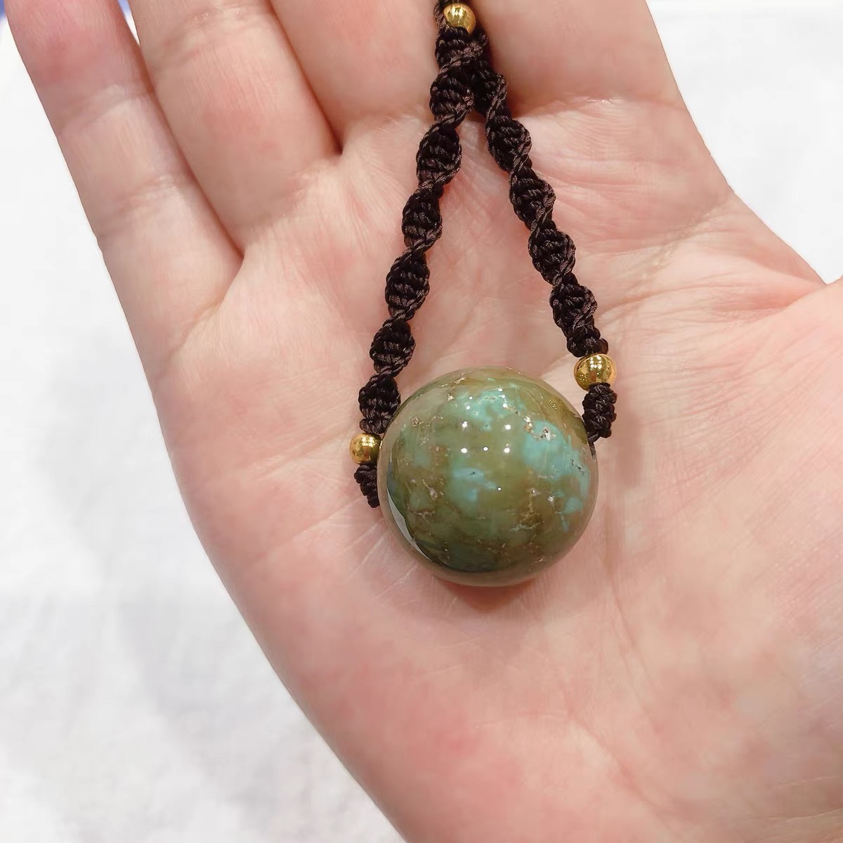 D161# 天然原矿绿松石高瓷网花锁骨链滚运珠 21mm 重14.6克