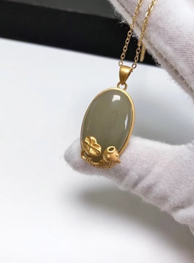 D183#天然和田玉青白玉蛋面S925纯银精工镶嵌吊坠项链28*17*7.2mm