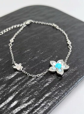 S434# 天然原矿绿松石高端美松风车茉莉通体S925纯银手链