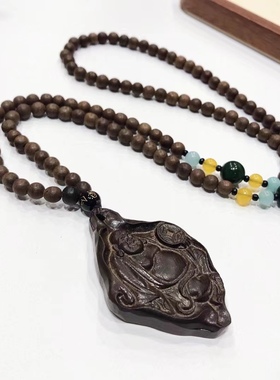 D160# 天然沉香木佛公吊坠30.23克 配沉香珠链6.3mm 60*39*9mm