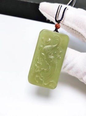 D643# 天然和田玉黄口老料精工雕吉祥如意吊坠47.5*25.5*8.3mm