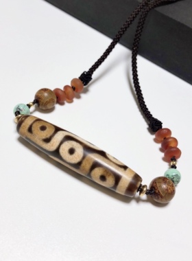 D922# 西藏特色包浆玉化老玛瑙九眼天珠玉髓血丝天珠项链吊坠原创