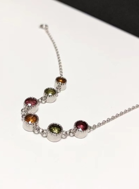 S1689# S925纯银精工镶嵌碧玺手链平安喜乐6颗主石*5mm全长16cm