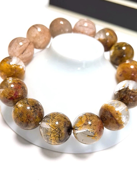 S419# 天然彩幽灵红铜发晶加强版手串 聚宝盆手链13.5mm