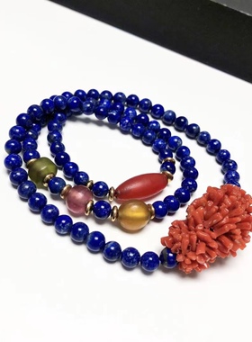 D370# 天然老矿青金石三圈手链6.5-6.8mm 配尼泊尔老琉璃珠毛毛虫