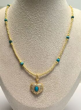 D1459# 通体S925纯银镀金拉丝镶嵌工艺高端绿松石美松爱心吊坠