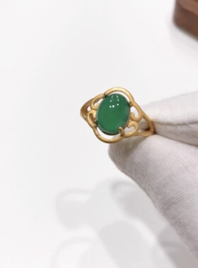 G35# 绿玉髓玛瑙戒指9.8*8mm S925银戒托 开口圈可调节