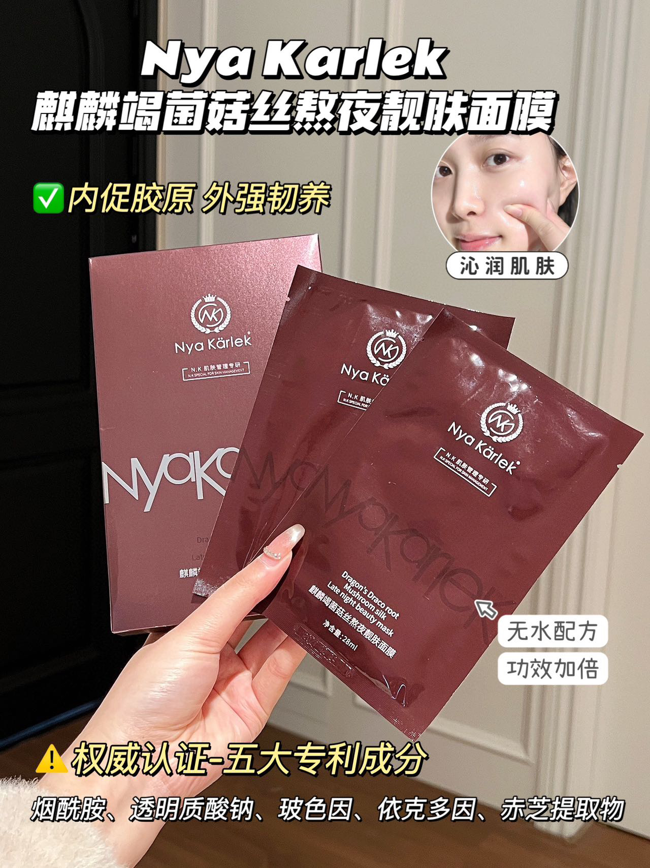NyaKarlek 麒麟竭菌菇丝熬夜靓肤胶原水光面膜 贵妇院线面膜 5盒