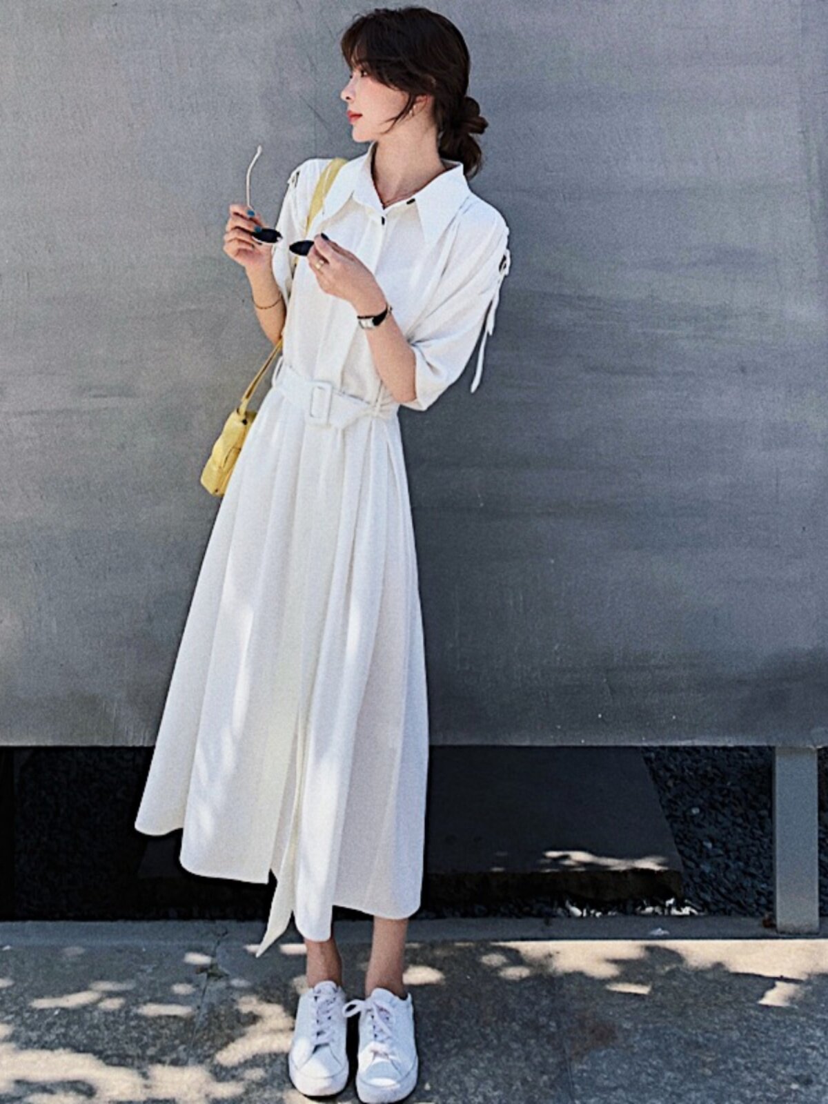 MISS SIKLE 화이트 셔츠 드레스 여성 여름 2022 새로운 스타일 프랑스 기질 도라지 A 라인 쉬폰 롱 스커트