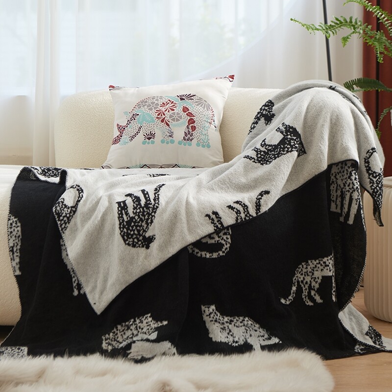 北欧高级毛毯针织毯复古客厅沙发毯休闲毯民宿毯子午睡毯黑色盖毯