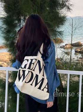 luself 大容量字母gentlewoman帆布包泰国小优同款单肩托特包