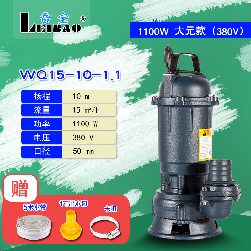雷宝单相污水泵泥浆泵家用化粪池无堵塞排污泵潜水泵220V/380V2寸
