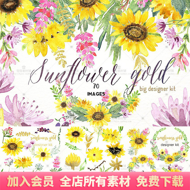 手绘水彩夏季花卉金黄色向日葵png免扣请柬贺卡画芯装饰设计素材