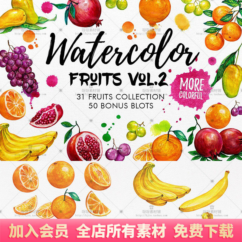 水果葡萄橙子芒果香蕉石榴手绘水彩png免抠透明背景ps设计素材