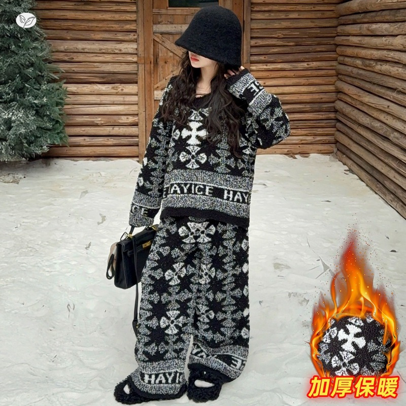 女童加厚保暖睡衣2025冬季新款中大童休V领上衣阔腿裤家居服两件