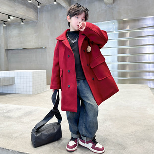 男童红色中长款加绒呢子大衣冬装2025新款儿童衣服中大童毛呢外套