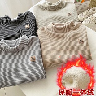 【下单立减50】儿童秋冬新款德绒加绒加厚半高领条纹打底衫男宝