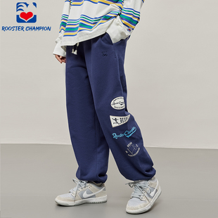 潮 宽松深蓝色侧边绣标束脚运动休闲青少年长裤 公鸡冠军卫裤 男秋季