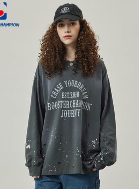 公鸡冠军长袖T恤男新款秋季宽松深灰色潮牌印花破洞扎染打底上衣