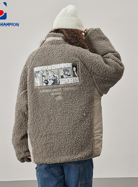 公鸡冠军夹克男新款冬季灰色宽松立领羊羔绒撞色保暖情侣加厚外套