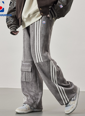 公鸡冠军休闲裤男2024新款秋季深灰色直筒麂皮绒脚口抽绳条纹长裤