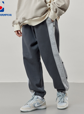 公鸡冠军卫裤男冬季宽松深灰色侧边拼接串标束脚加绒保暖运动长裤