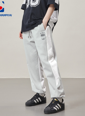 公鸡冠军灰色拼接束脚卫裤男秋季宽松潮流logo印花休闲重磅长裤