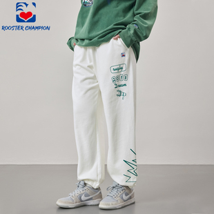 运动长裤 宽松街头hiphop休闲复古美式 男秋季 公鸡冠军白色束脚卫裤