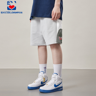 灰色宽松直筒拼接纯棉运动重磅五分裤 新款 男2025夏季 公鸡冠军短裤
